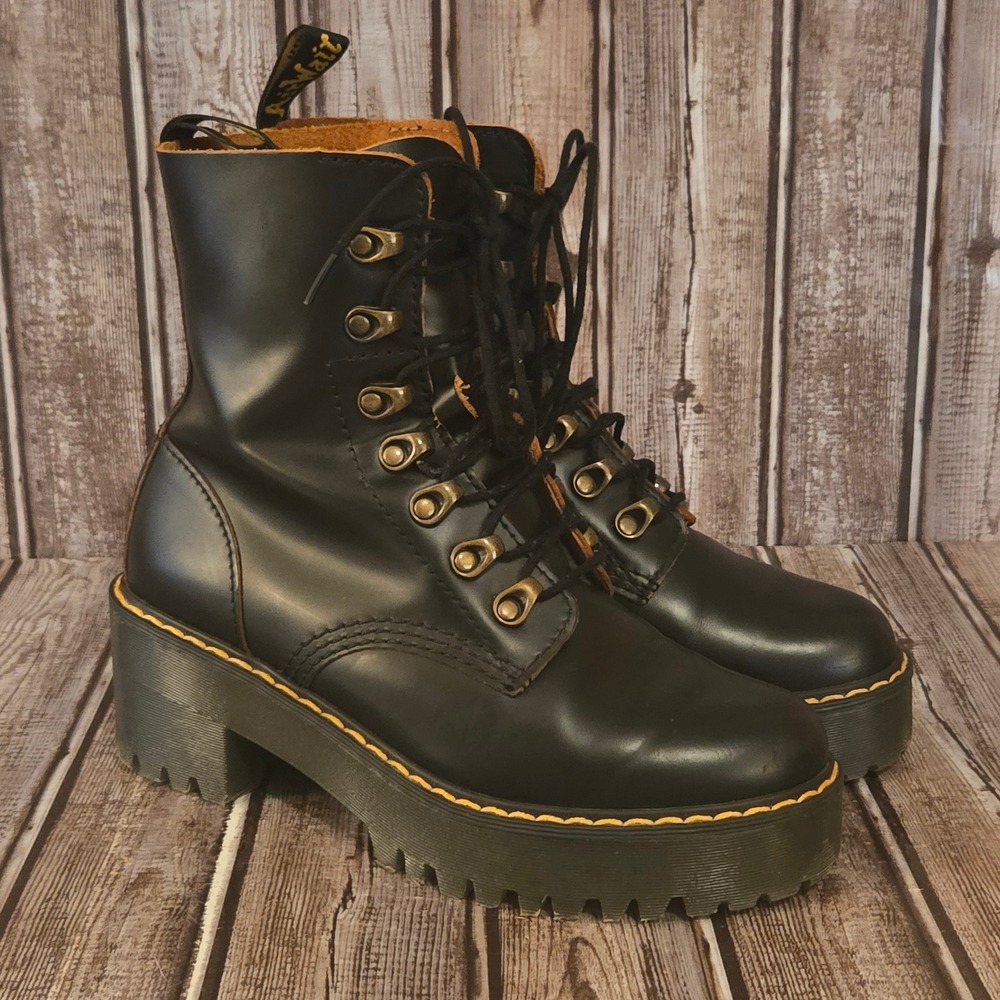 Dr. Martens Black Platform Lace-Up Heeled Boots with Yellow Stitching - Picture 3 of 11